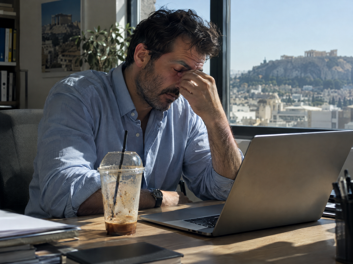 Κουρασμένος άντρας στο γραφείο με άδειο φραπέ
