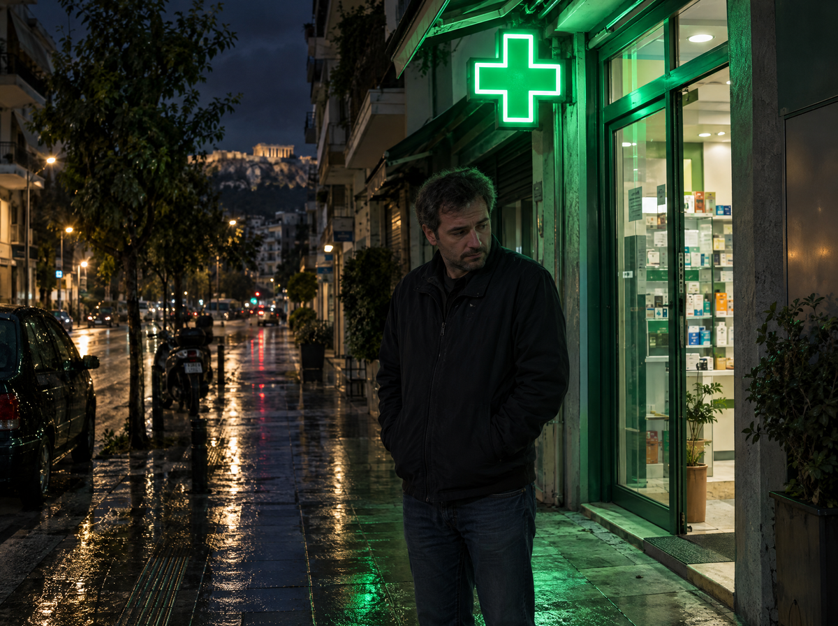 Άντρας διστάζει έξω από φαρμακείο το βράδυ